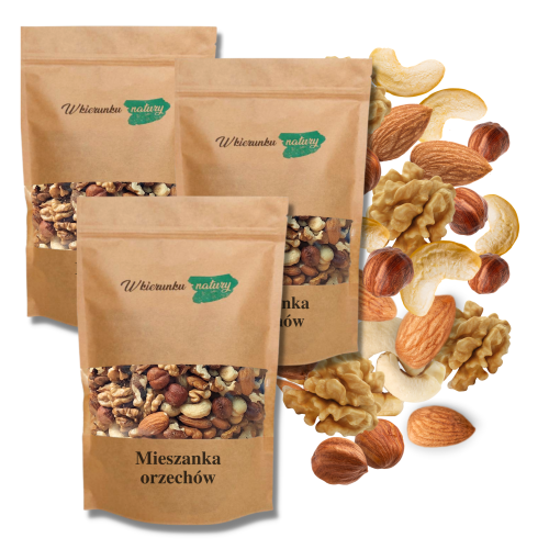 Zapasowa mieszanka orzechów 3×1 kg – nerkowce, migdały, włoskie, laskowe (100 % naturalne)