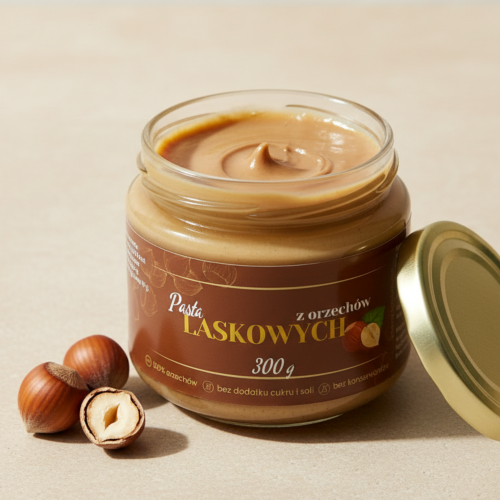 Pasta z prażonych orzechów laskowych 100% 300 g – naturalna, w szkle
