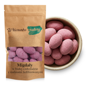 Migdały w białej czekoladzie z malinami liofilizowanymi 200 g