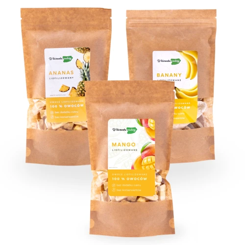 Tropikalna Trójka – zestaw owoców liofilizowanych | Mango, ananas, banany