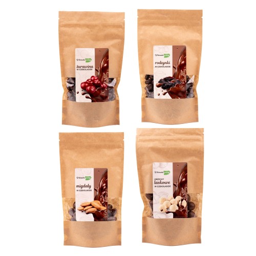 Zestaw bakalii w czekoladzie 4x 250 g żurawina, rodzynki, migdały, orzechy laskowe