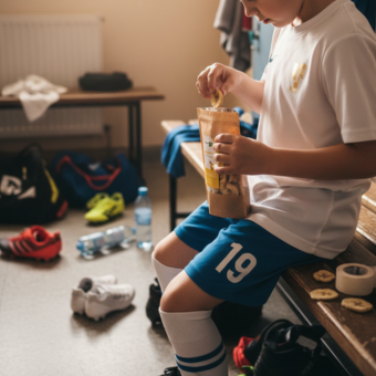 Dziecko je przekąskę w szatni przed meczem piłkarskim