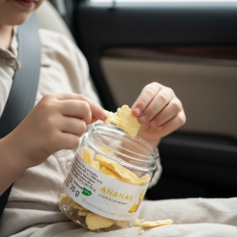 Dziecko je ananasa liofilizowanego w samochodzie